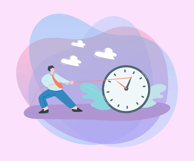 Businessman pulling hand of big clock with rope