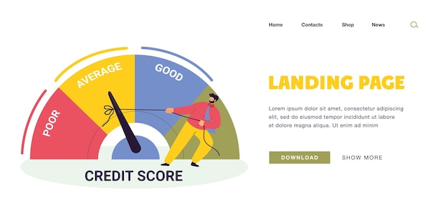 Businessman pulling speedometer from poor to good performance. person changing credit report for better flat vector illustration. credit score, customer satisfaction, loan, debt concept for banner