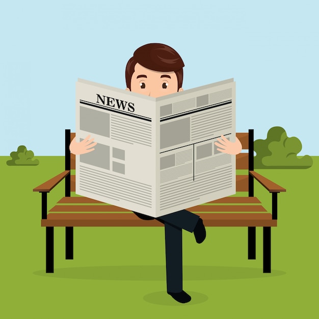 Businessman reading newspaper in the park avatar character