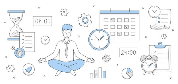 Businessman relaxing and meditating in lotus pose with office supplies and infographic doodle icons around Worker avoid stress practicing mindfulness business yoga meditation Vector illustration