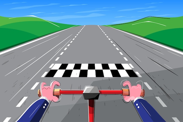 Businessman rides a bicycle to the finish line on the highway Business success concept Flat vector design illustration