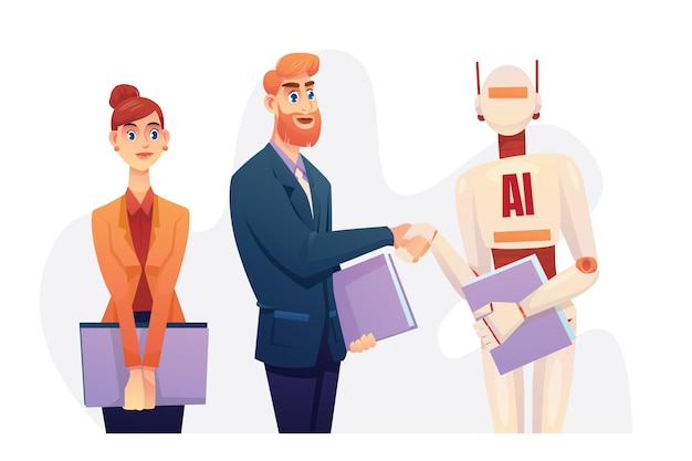 Free vector businessman and robot handshake for deal and contract business partnership