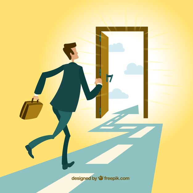 Businessman running to the exit door