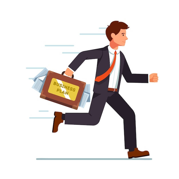 Free vector businessman running with business plan in suitcase