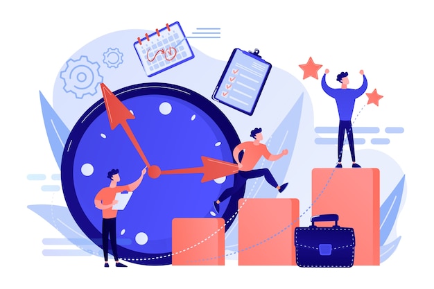 Free vector businessman sets goals and runs up on graph columns for success on time. self-management, self regulation learning, self-organization course concept illustration