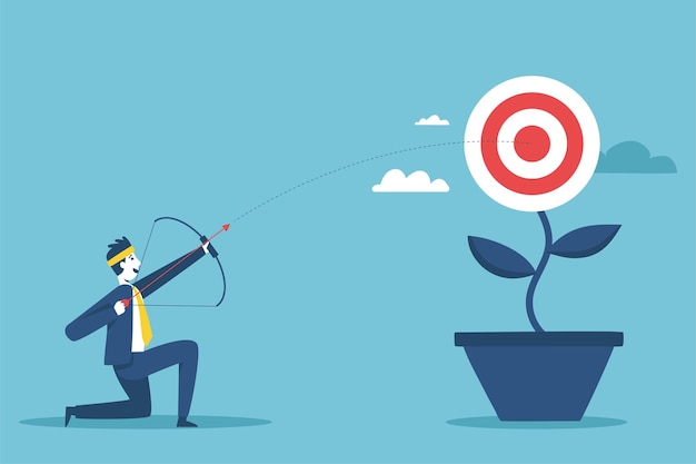 Free vector a businessman shooting an arrow into the middle of a goal means a successful business