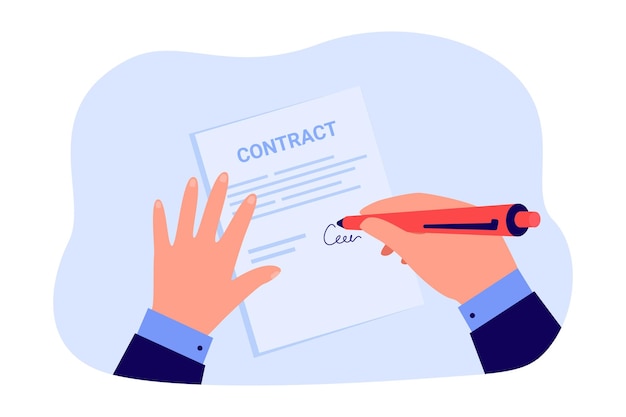 自由矢量商人签订合同。手握笔和纸的人签署文件移交协议平面矢量插图。签名，交易概念的横幅，网站设计或登陆网页