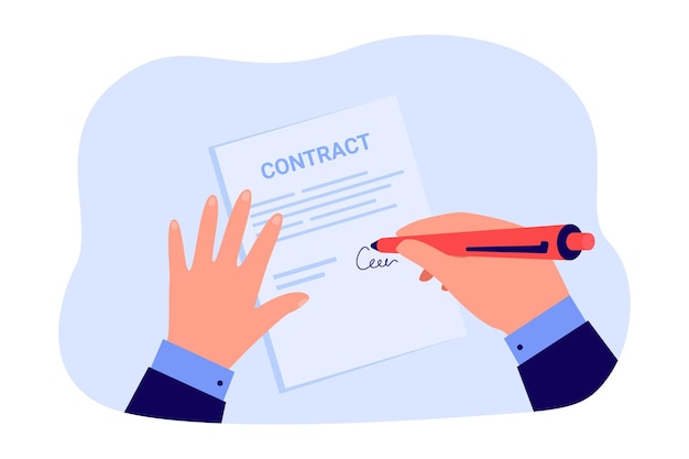 Businessman signing contract. hands of person holding pen and paper document to sign over agreement flat vector illustration. signature, deal concept for banner, website design or landing web page