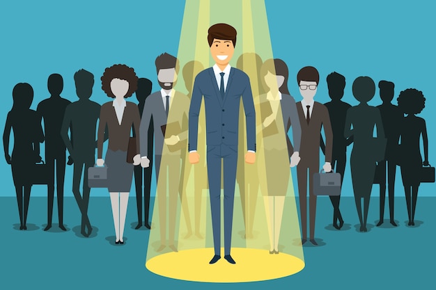 Free vector businessman in spotlight. human resource recruitment. person success, employee and career.