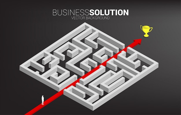 Businessman standing on red arrow route break out of maze to champion trophy. business concept for problem solving and solution strategy.