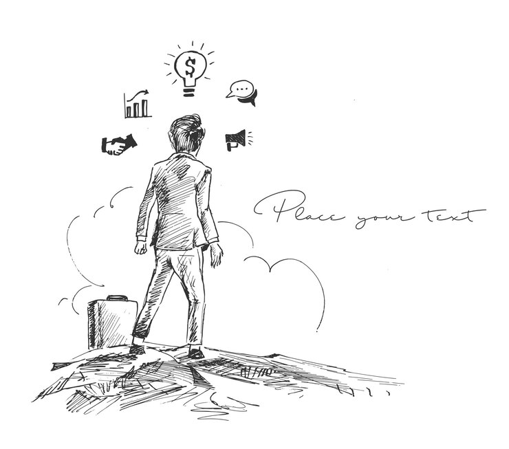 मुफ़्त वेक्टर businessman standing thinking find way of success business concept with icons