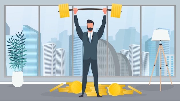 A businessman stands with a mountain of coins and raises the barbell. a man in a suit with a barbell. the concept of a successful business and revenue growth. isolated. vector.