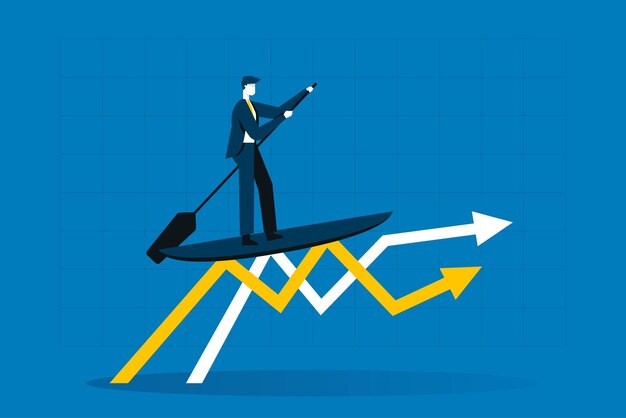Businessman surfing financial stock graph Riding stock graph waves on surfboard showing Successful trader on peak of profitability Business success concept Flat vector illustration