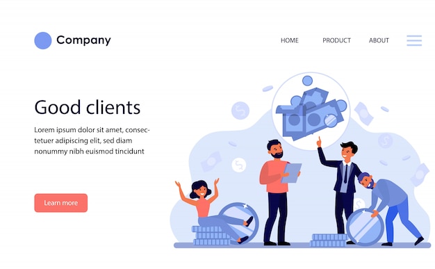 Бизнесмен разговаривает с клиентами об инвестициях и сбережениях. Шаблон веб-сайта или целевая страница
