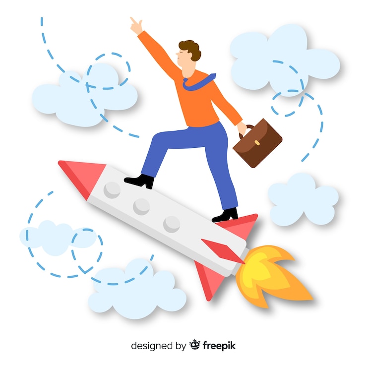 Free Vector businessman traveling on rocket background