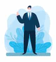 Free vector businessman using face mask waving with leafs decoration illustration design