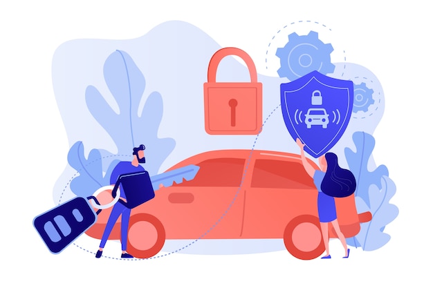 Businessman with car remote key and woman with shield at car with padlock. Car alarm system, anti-theft system, vehicle thefts statistics concept