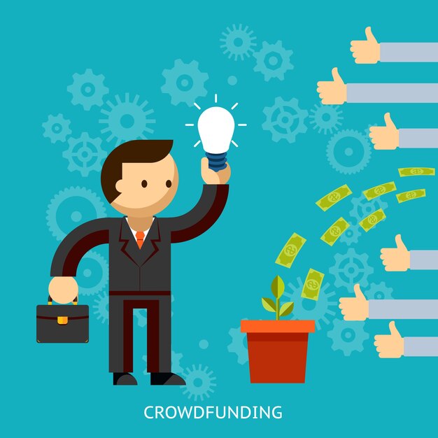 Businessman with a great idea being crowd funded with money pouring into a bucket with hands giving thumbs up of approval  vector illustration on blue