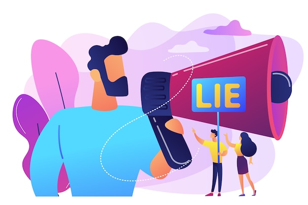 Free vector businessman with huge megaphone cheating and tiny people holding word lie. cheating in competition, cheater person, game cheats use concept.