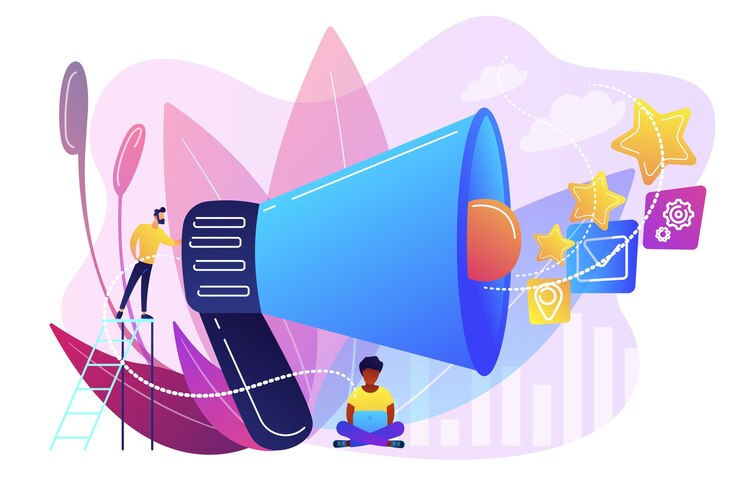 मुफ़्त वेक्टर businessman with megaphone promote media icons. sales promotion and marketing, promotion strategy, promotional products concept