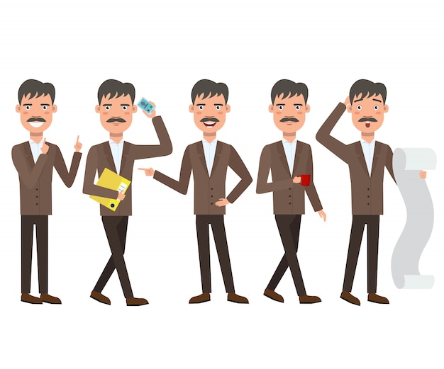 Free vector businessman with mustache character set with different poses