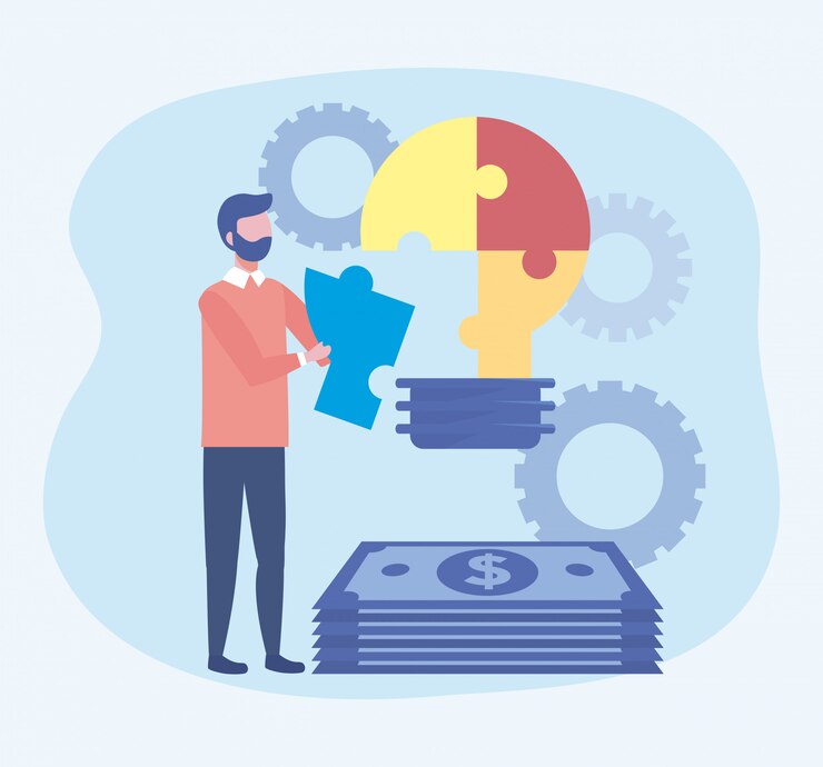 Free Vector businessman with puzzles bulb idea and bills