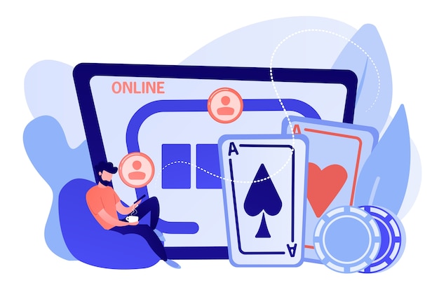 Uomo d'affari con lo smartphone che gioca a poker online e tavolo da casinò con carte e fiches. poker online, gioco d'azzardo su internet, concetto di sale di casinò online. pinkish coral bluevector illustrazione isolata