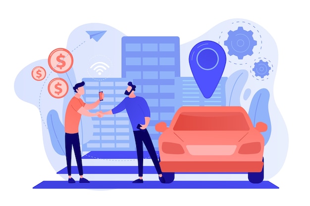 Free vector businessman with smartphone rents a car in the street via carsharing service. carsharing service, short periods rent, best taxi alternative concept