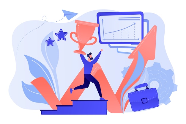 Free vector businessman with trophy runs up stairs and growth chart. business success, leadership, business assets and planning concept on white background.