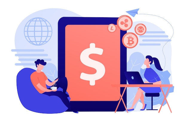 Businessman and woman transfer money with gadgets. Digital currency, cryptocurrency market, e-money transfer and digital money turnover concept illustration