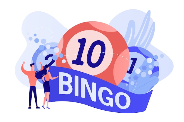 Businessman and woman winners and bingo lottery balls with lucky numbers, tiny people. lottery money game, lucky raffle ticket, bingo game concept. pinkish coral bluevector isolated illustration