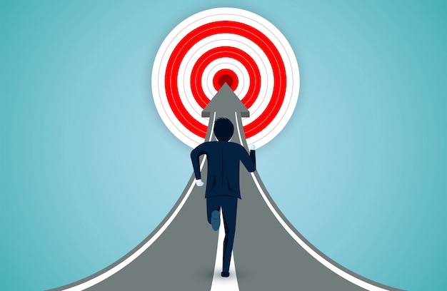 Businessmen are running on the arrow to the red circle target