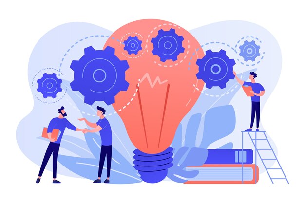 Free vector businessmen handshake and big bulb with rotating gears. business idea, business launcher and development, business plan concept on white background.