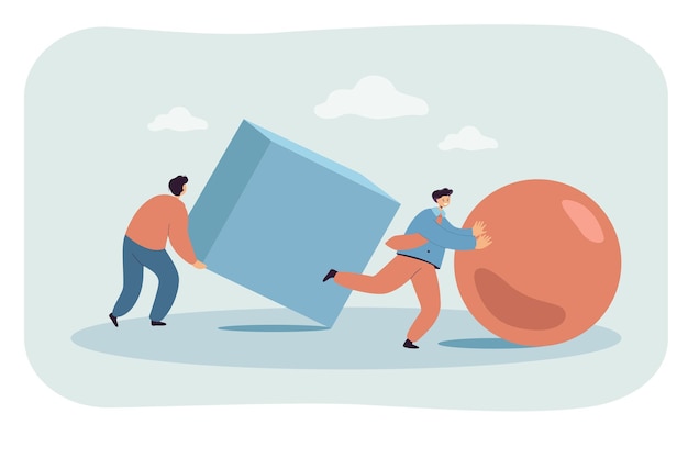 businessmen pushing abstract ball and cube in race