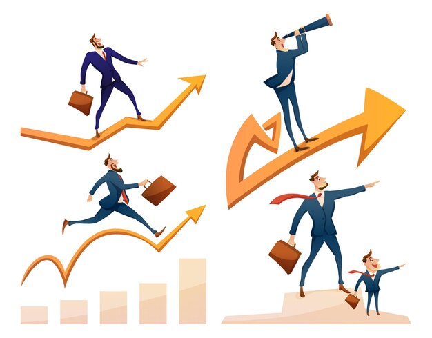 a businessmen in suit and formal costume and holding briefcase standing on arrows graph of progress
