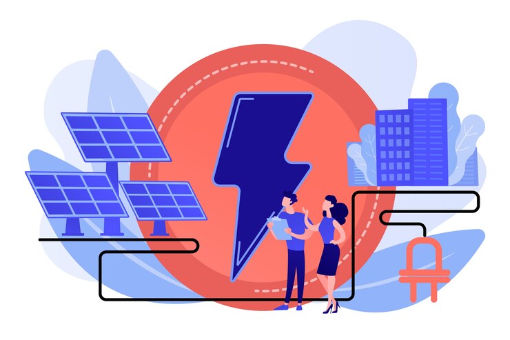 Free Vector businessmen use solar energy panels to produce electricity for the city