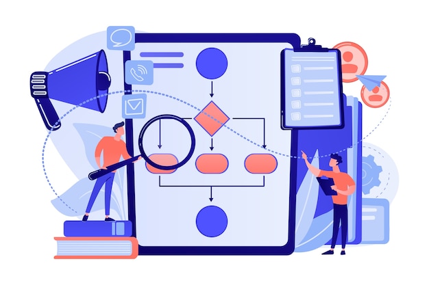 Free vector businessmen with magnifier looking at business process flow chart. business rules and regulation, main company policy, it business analysis concept illustration