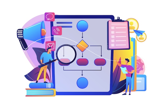 Free vector businessmen with magnifier looking at business process flow chart. business rules and regulation, main company policy, it business analysis concept.