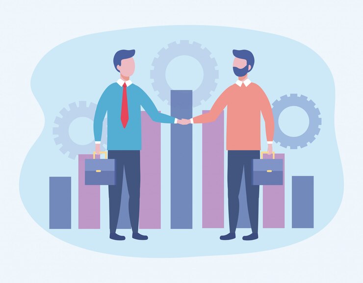 Free Vector businessmen with suitcase and statistics bar and gears