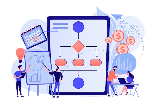 Businessmen work with improvement diagrams and charts. Business process management, business process visualization, IT business analysis concept illustration