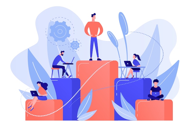 businessmen work with laptops on graph columns. business hierarchy, hierarchical organization, levels of hierarchy concept on white background.