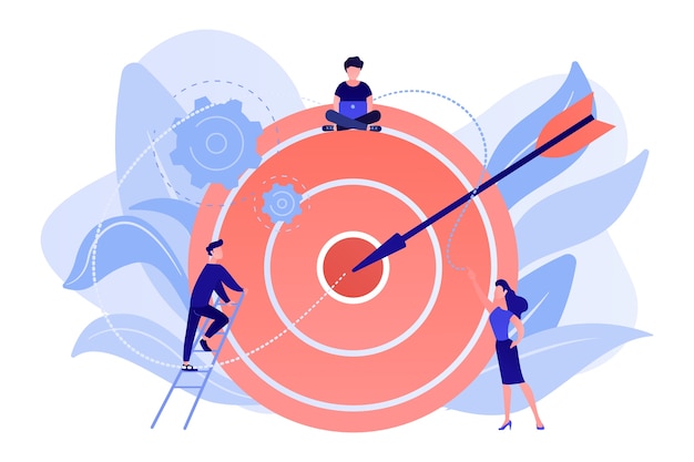 Businessmen working and woman at big target with arrow. goals and objectives, business grow and plan, goal setting concept on white background.