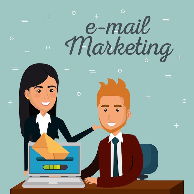 Бесплатное векторное изображение Бизнесмены в офисе с иконками маркетинга электронной почты