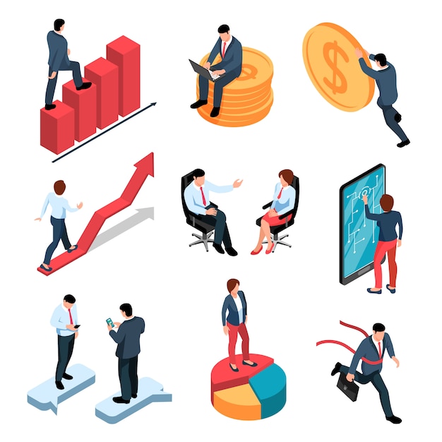 Free vector businesspeople isometric icons set with male and female persons and money and business symbols isolated