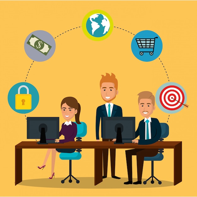 Free vector businesspeople in the office with e-mail marketing icons