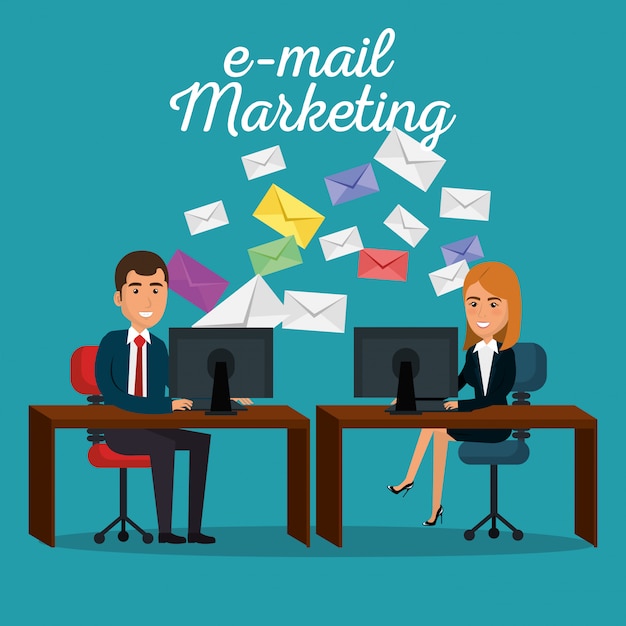 Businesspeople in the office with e-mail marketing icons