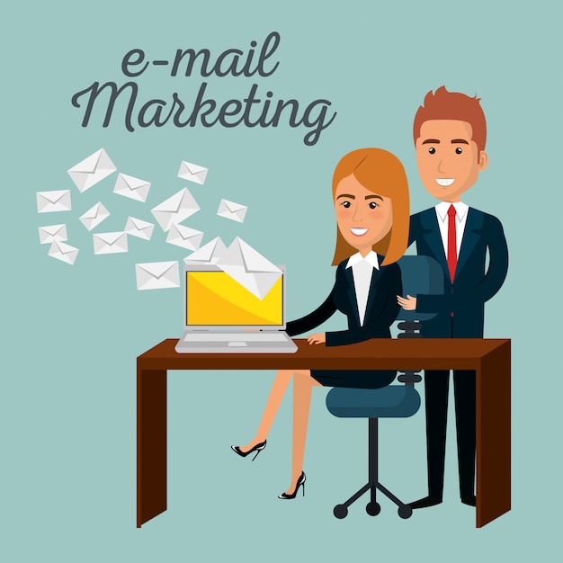 Uomini d'affari in ufficio con icone di marketing e-mail