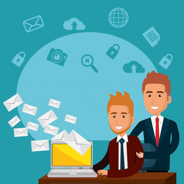 Businesspeople in the office with e-mail marketing icons