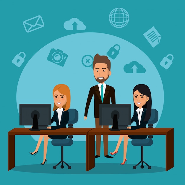 Businesspeople in the office with e-mail marketing icons