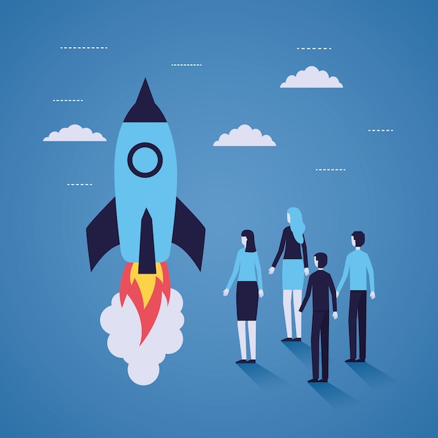 Free vector businesspeople rocket launching startup